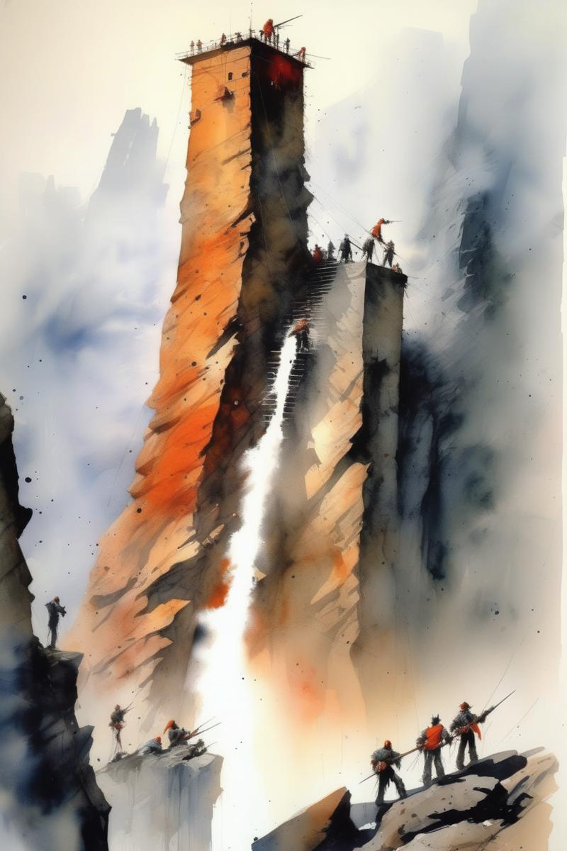 00452-1957309370-_lora_Thomas Schaller Style_1_Thomas Schaller Style - a massive cliff, one army on the bottom, climbing with massive siege tower.png